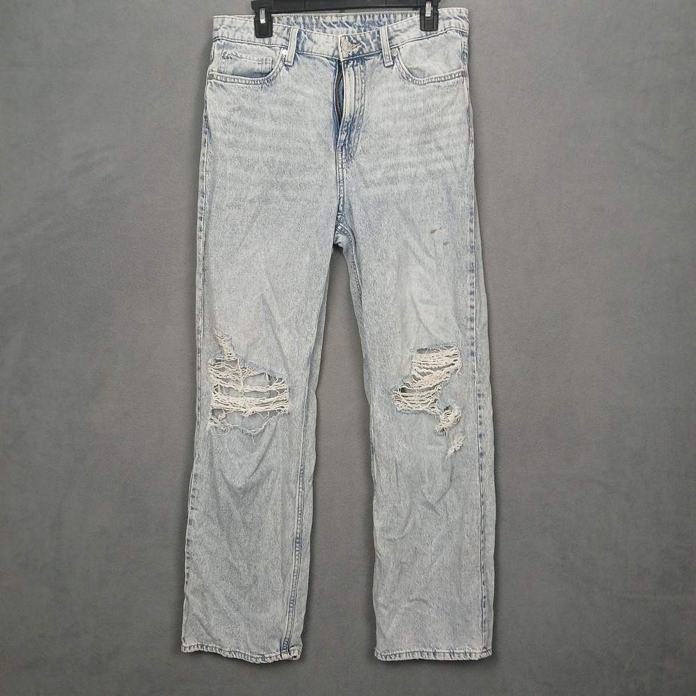 &Denim Jeans Womens 10 Light Blue Distressed Ripped Loose Straight High Rise